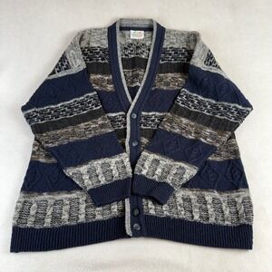 Monello Italy Mens Cardigan Sweater Navy Blue Grey Geometric Mixed Knit XL
